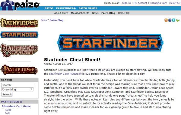 Starfinder official cheat sheet summary for the core rules